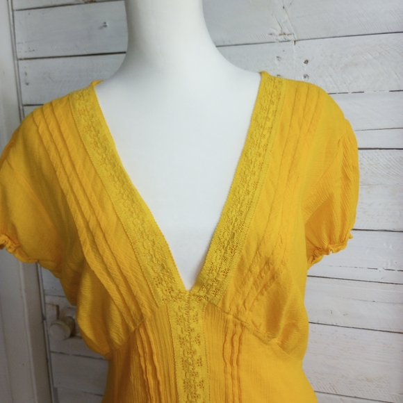 Ashley Stewart 1X Yellow Cotton Boho Tunic Top V-Neck Short Sleeve Blouse - Picture 2 of 13